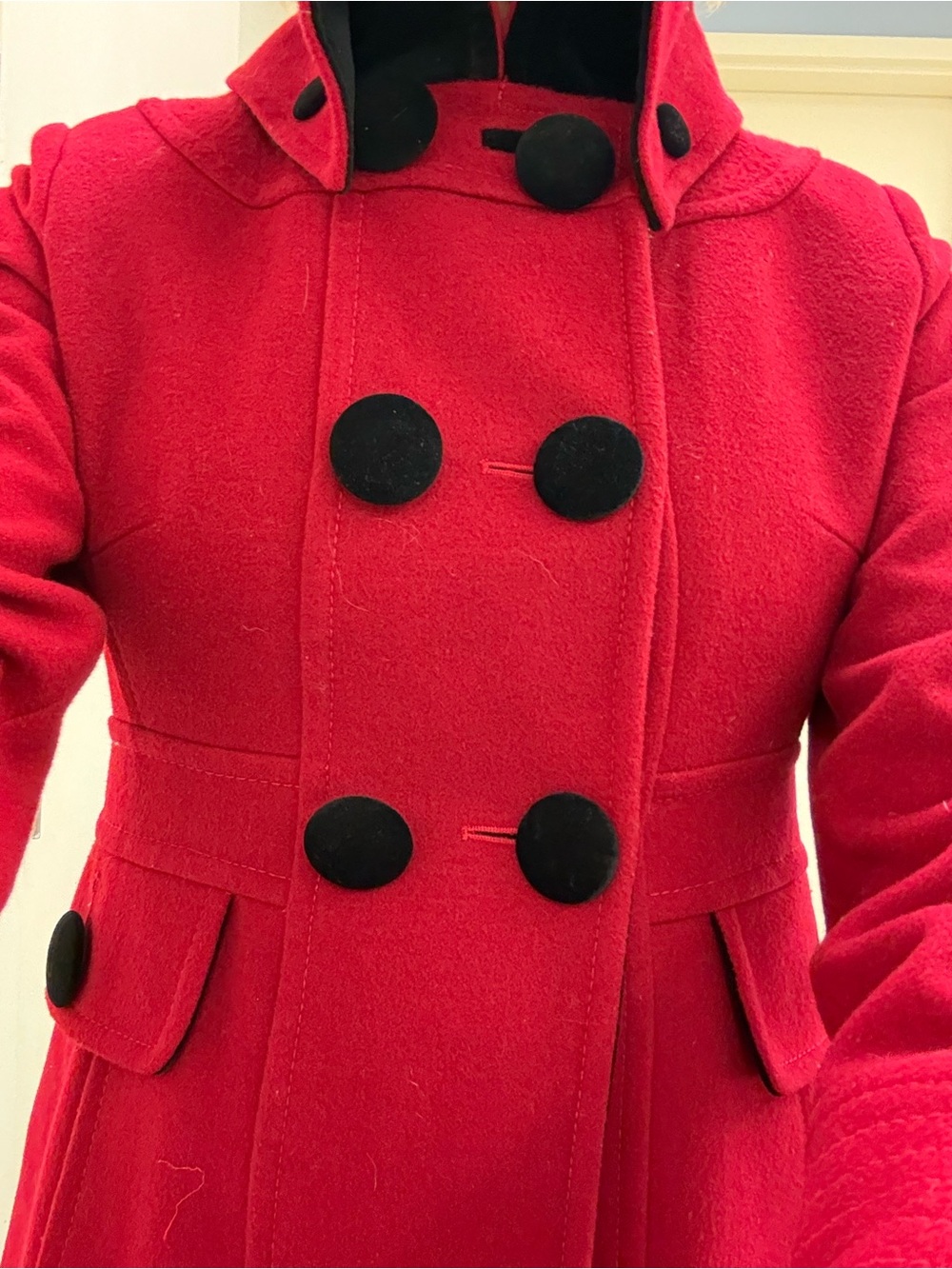 Laundry by Design Red Double-Breasted Pea Coat with Black Velvet Buttons - Picture 4 of 12